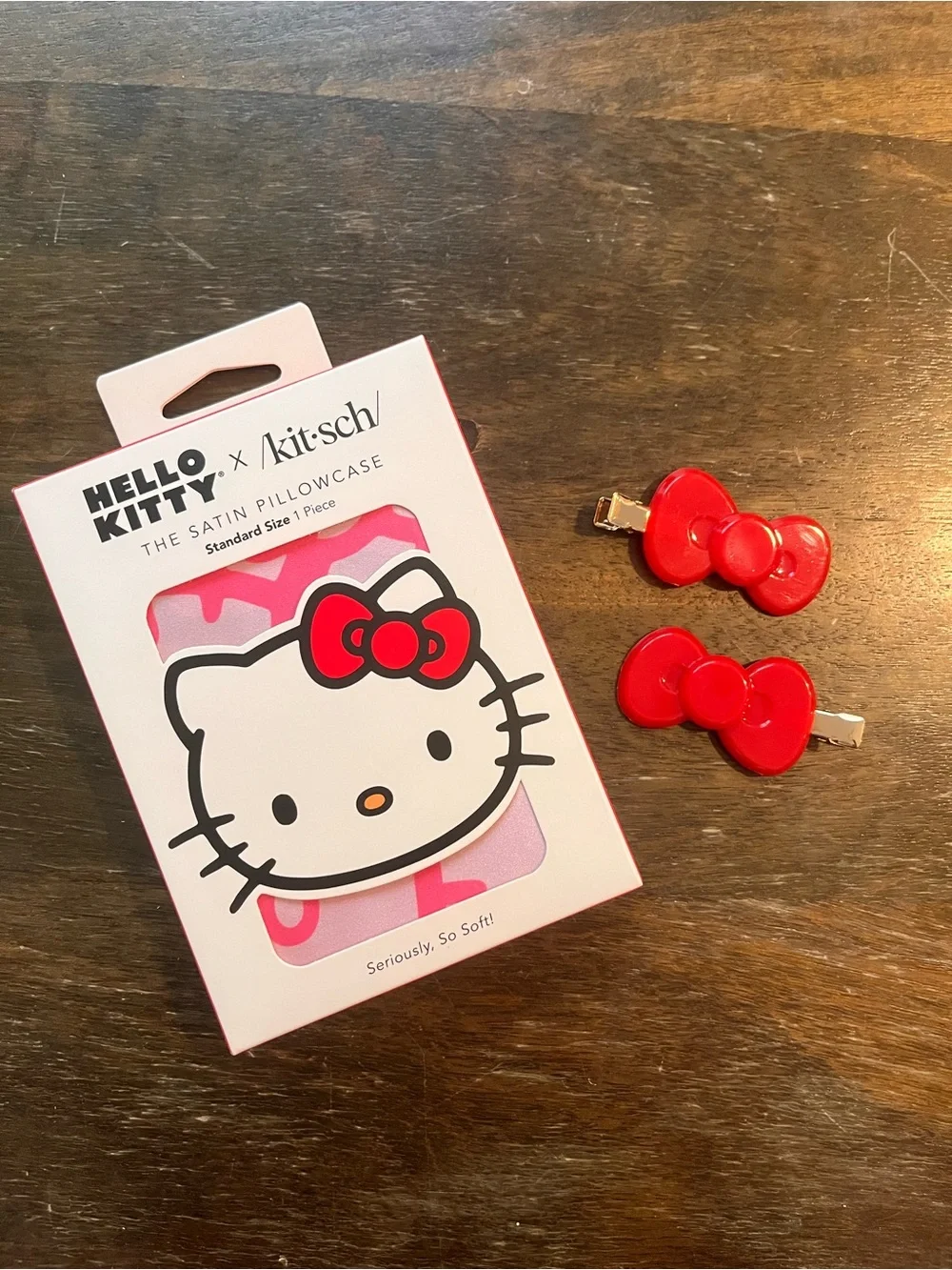 Hello Kitty Red Bow Hair Clips and Pink Satin Pillow Case